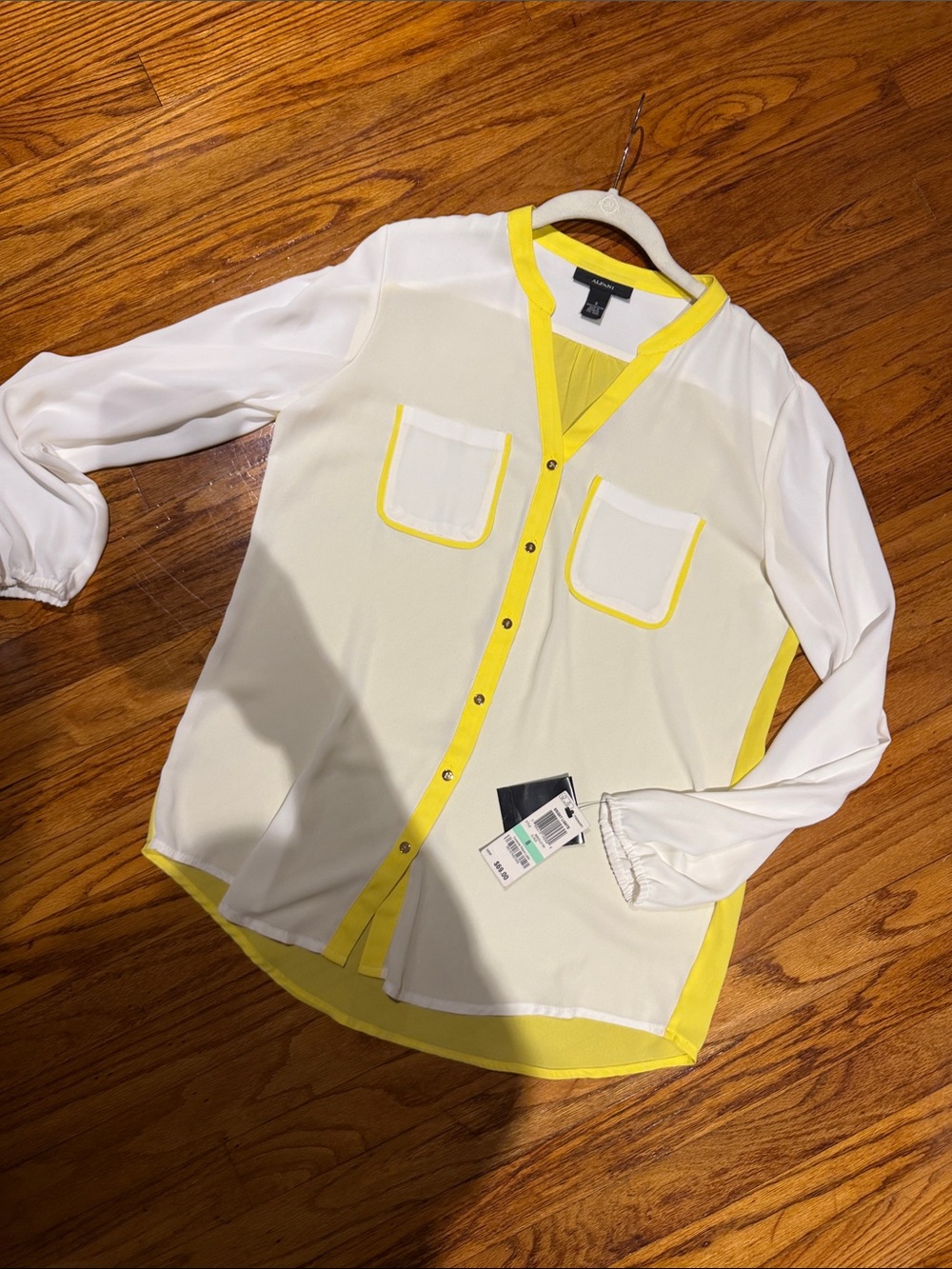 Alfani White and Yellow Trim V-Neck Button Blouse